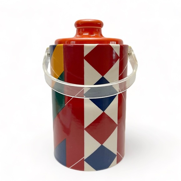 Vtg Mod Geometric Print Vinyl Lucite Japanese Pickle Jar Press? Ice Bucket? 11”